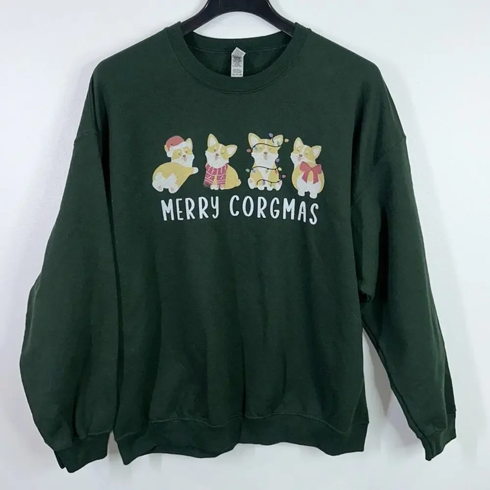 Gildan Green Merry Corgmas holiday ugly sweater plus size 2XL